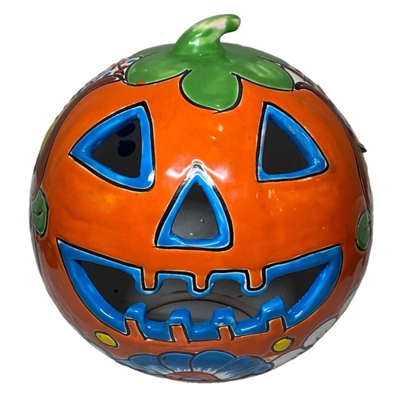 Talavera Mexican Pottery Blue/Orange JackO’Lantern Halloween HandPainted Pumpkin